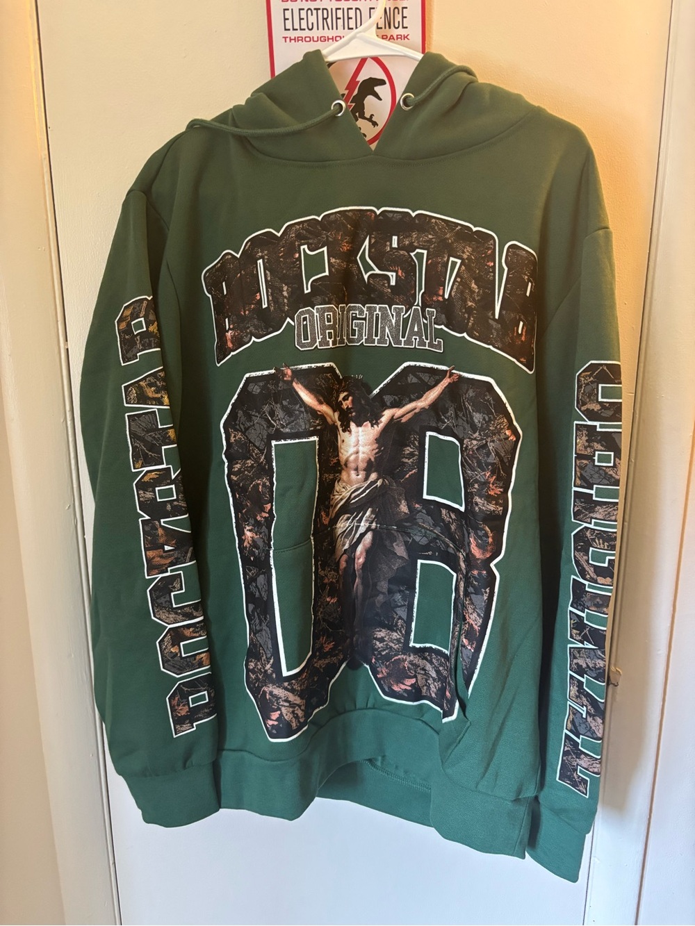 Green Graphic Hoodie with Rockstar Original Jesus Chest Print